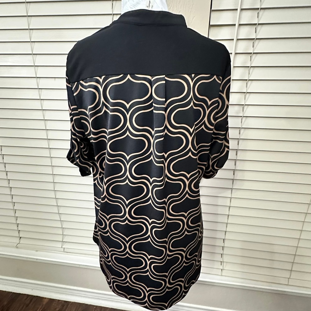 PerSeption Concept Tunic Blouse Womens Large Black Tan Geometric Roll-Tab RA184 - Picture 4 of 10